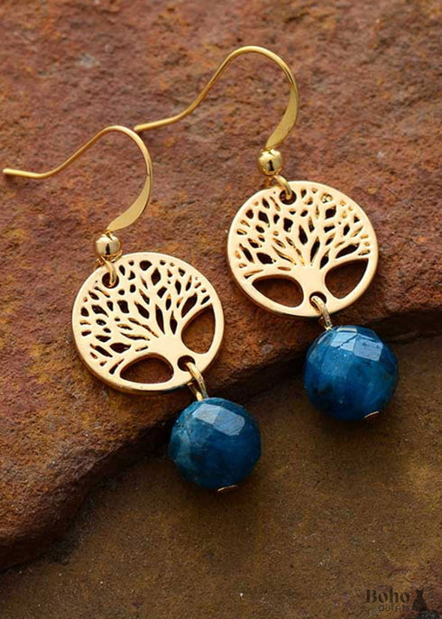 Pendientes bohemios, pendientes colgantes, árbol de la vida dorado con apatita azul
